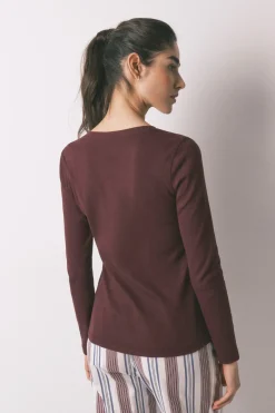 Camiseta manga larga algod&oacute;n canal&eacute; granate