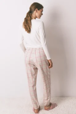Pantal&oacute;n largo franela rosa print cuadros