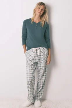Pantalón largo franela estampado cuadros verde