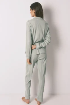 Pijama camisero largo algod&oacute;n canal&eacute; verde