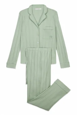 Pijama camisero largo algod&oacute;n canal&eacute; verde