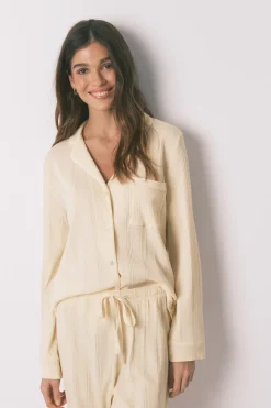 Pijama camisero largo algod&oacute;n canal&eacute; amarillo
