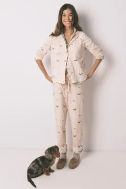 Pijama camisero largo 100% algod&oacute;n estampado rayas y perritos
