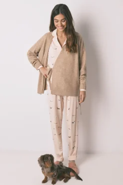 Pijama camisero largo 100% algod&oacute;n estampado rayas y perritos