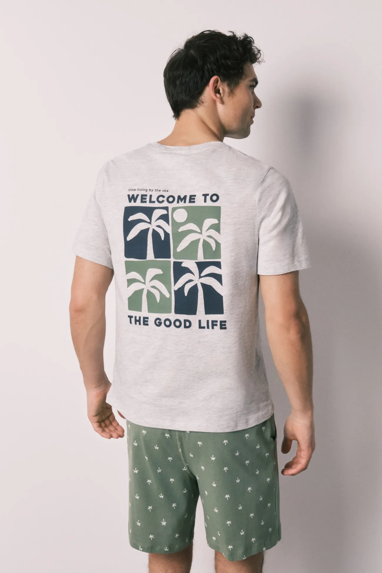 Pijama corto hombre algodón estampado palmeras