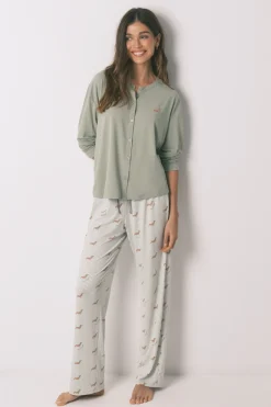 Pijama largo punto suave verde estampado perritos