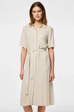 Vestido camisero midi de lino en manga corta